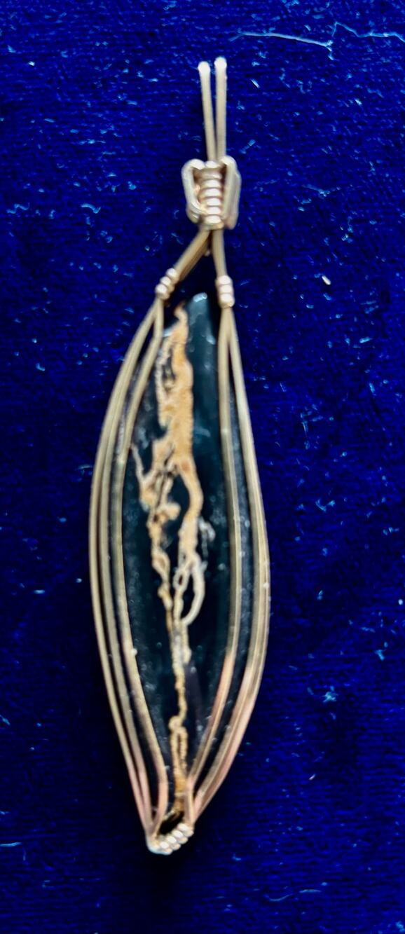 Black Fossil with Gold Veins Gold Wire Wrapped Pendant 3" x .75" Custom Made